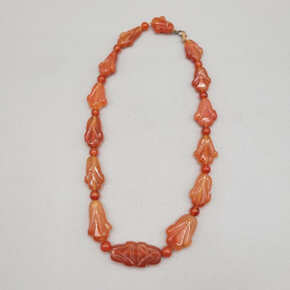 Antique Chinese Carved Red Carnelian Bead Necklace With Leaf Design - Picture 3 of 7